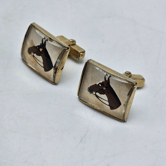 Vintage Horse Head Cufflinks Gold Tone Resin Rectangular Design - Picture 2 of 4